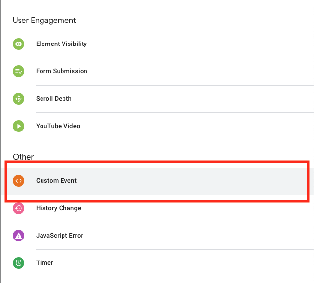 new trigger selection with Custom Event under Other highlighted